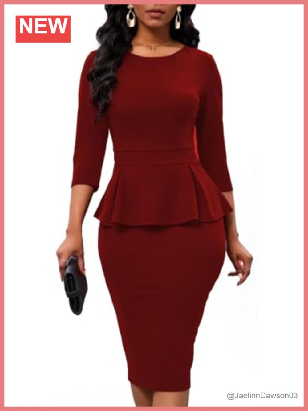 Women's Peplum Bodycon Midi Dress 3/4 Sleeve Workwear Office